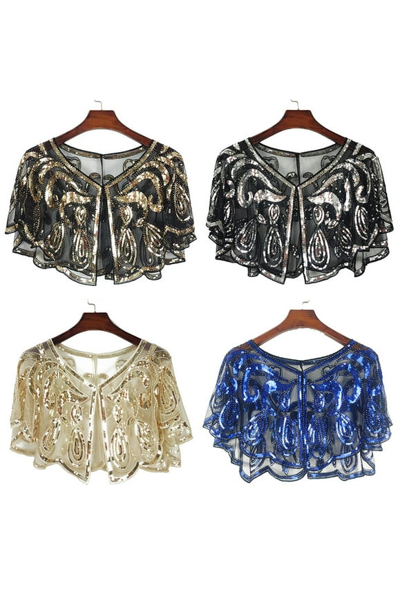 1920s Shawl Wraps Sequin Beaded Evening Cape Bridal Shawl Bolero Flapper Cover Up