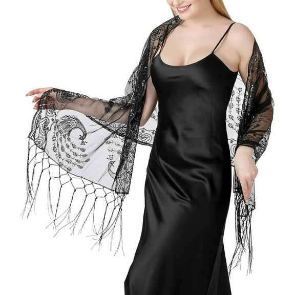 1920s Shawls and Wraps for Evening Dresses Formal Cover Up Long Women Sequin Flapper Shawl for Cocktail Prom Wedding