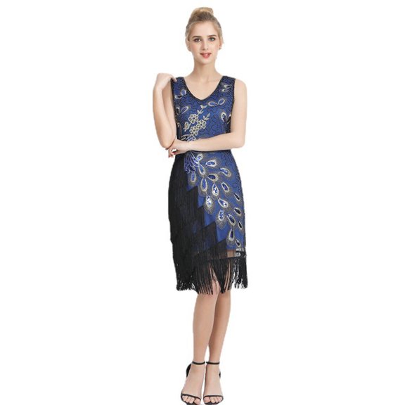 1920s Slim-fit Wedding Dress Female Sequin Evening Dress Retro Wedding Dress Bridesmaid Dress,1,1,1,S,Dark Blue,Slim,Women