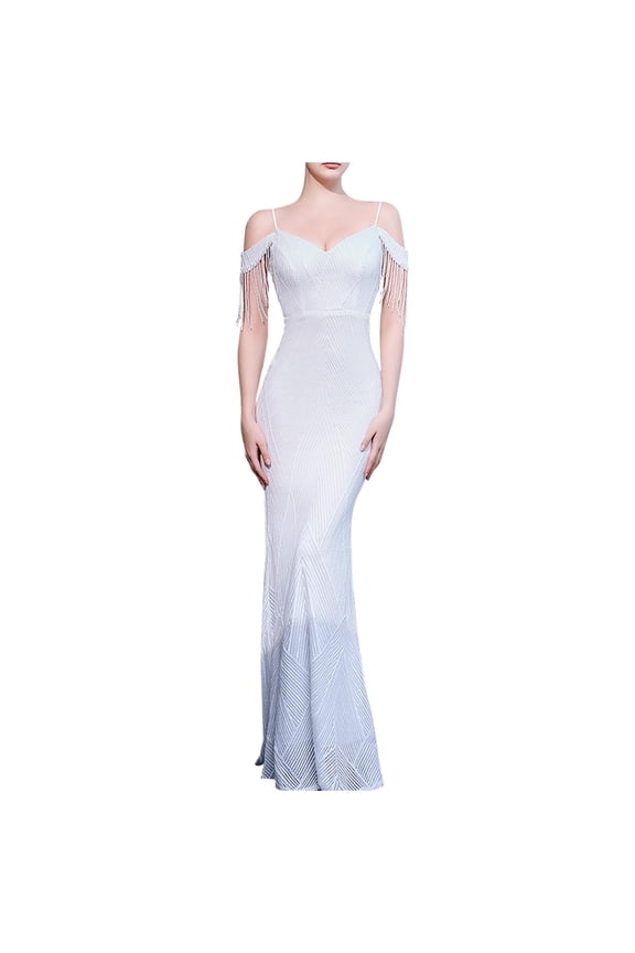 1920s Tassels Sequins Maxi Dress for Women Sexy Off the Shoulder Gatsby Formal Party Evening Prom Gowns