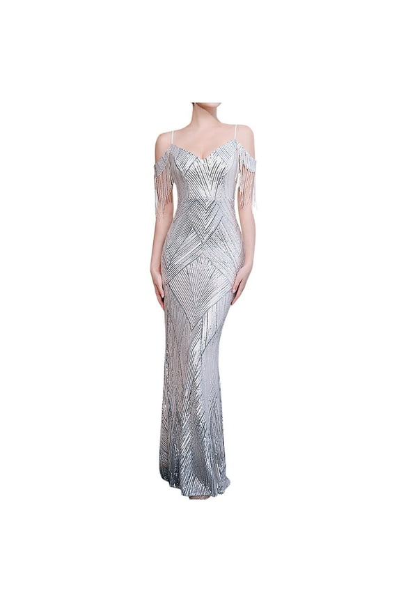 1920s Tassels Sequins Maxi Dress for Women Sexy Off the Shoulder Gatsby Formal Party Evening Prom Gowns
