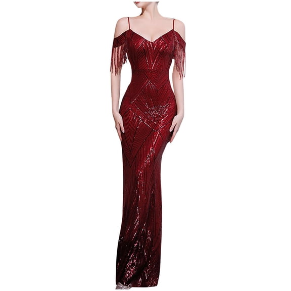 1920s Tassels Sequins Maxi Dress for Women Sexy Off the Shoulder Gatsby Formal Party Evening Prom Gowns