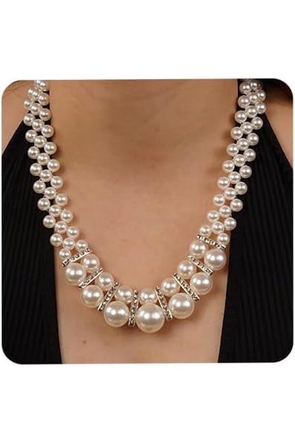 1920s Vintage Big Faux Pearl Choker Necklace and Earrings Set Crystal Pearl Statement Necklace Collar Bib Costume Jewelry for Women