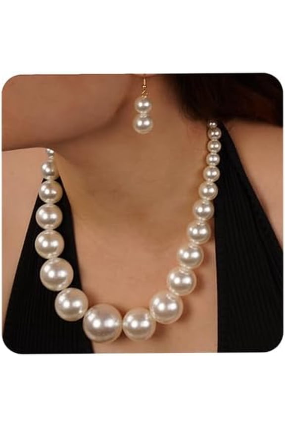 1920s Vintage Big Faux Pearl Strand Necklace with Earrings Set Large Chunky Pearl Choker Statement Chain for Women