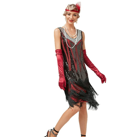 1920s Vintage Dress Beaded Sequin 30S Flapper Dresses Prom Wedding Women Vintage Dress V Neck Beaded Fringed Tassels,Red,XL
