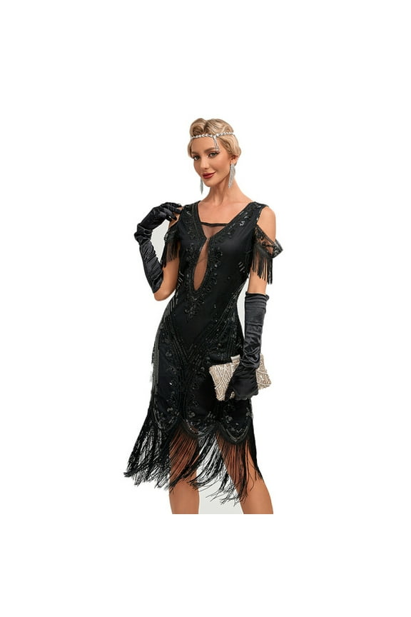 1920s Vintage Dress Summer Fringe Beaded Great Gatsby Flapper Evening Dress Party Cocktail Prom,L,Black