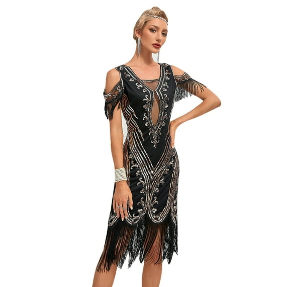 1920s Vintage Dress Summer Fringe Beaded Great Gatsby Flapper Evening Dress Party Cocktail Prom,M,Black and Golden