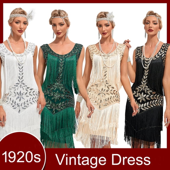 1920s Vintage Dress Summer Fringe Beaded Great Gatsby Flapper Evening Dress Party Cocktail Prom,M,Black