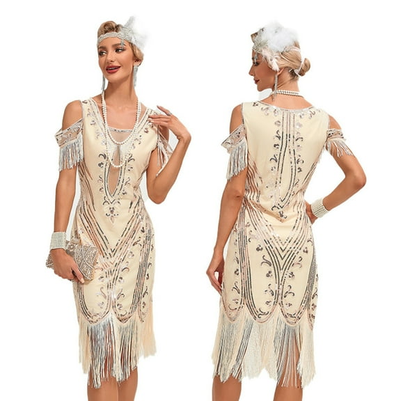 1920s Vintage Dress Summer Fringe Beaded Great Gatsby Flapper Evening Dress Party Cocktail Prom,S,Apricot