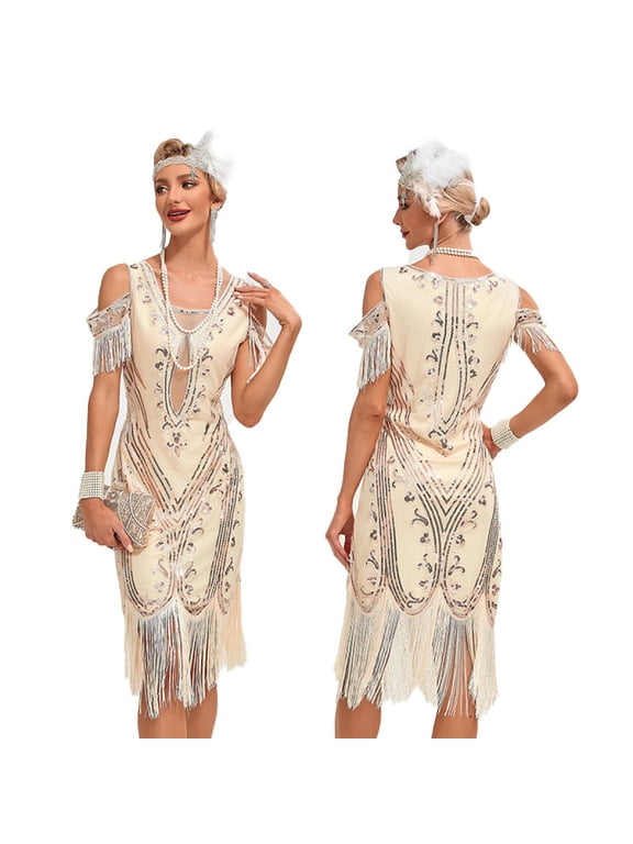 1920s Vintage Dress Summer Fringe Beaded Great Gatsby Flapper Evening Dress Party Cocktail Prom,S,Apricot