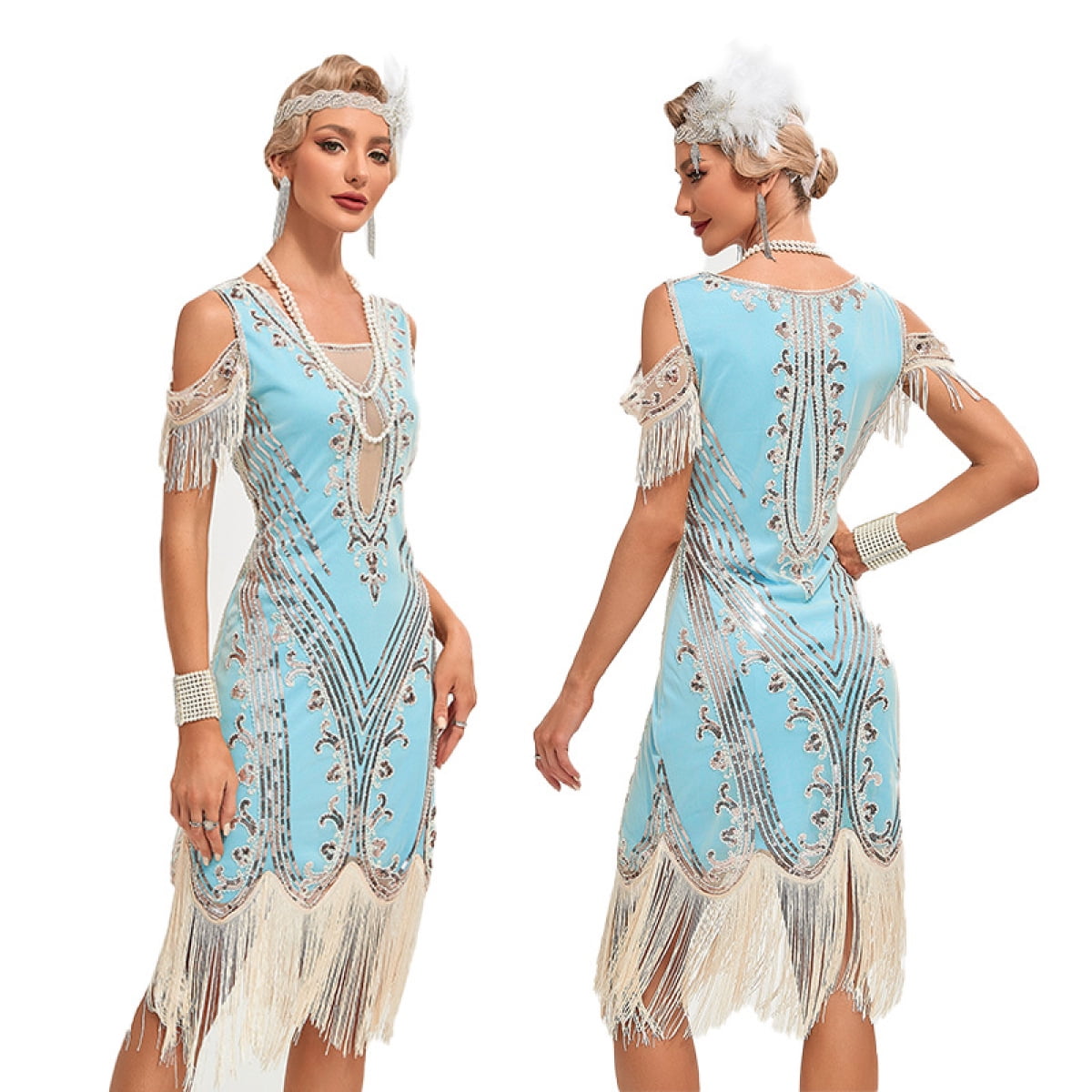 1920s Vintage Dress Summer Fringe Beaded Great Gatsby Flapper Evening Dress  Party Cocktail Prom,S,Blue - Walmart.com