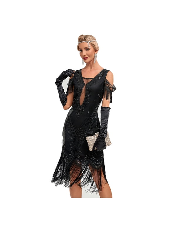 1920s Vintage Dress Summer Fringe Beaded Great Gatsby Flapper Evening Dress Party Cocktail Prom,XL,Black