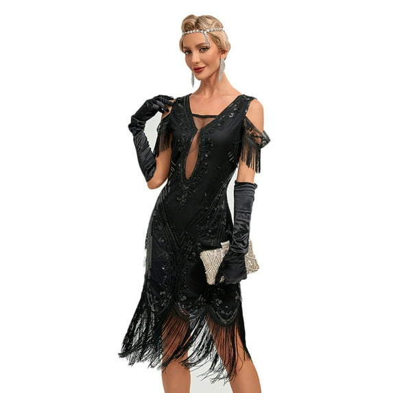 1920s Vintage Dress Summer Fringe Beaded Great Gatsby Flapper Evening Dress Party Cocktail Prom,XL,Black