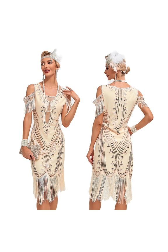 1920s Vintage Dress Summer Fringe Beaded Great Gatsby Flapper Evening Dress Party Cocktail Prom,XXL,Apricot