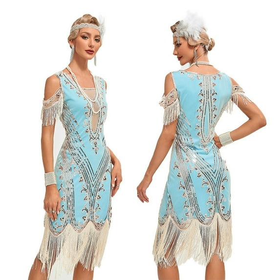 1920s Vintage Dress Summer Fringe Beaded Great Gatsby Flapper Evening Dress Party Cocktail Prom,XXL,Blue