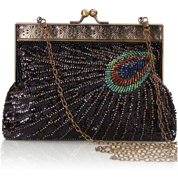1920s Vintage Great Gatsby Flapper Clutch - Art Deco Peacock Sequined Beaded Evening Handbag | Formal Cocktail Wedding Prom Purse