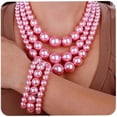 thumbnail image 1 of 1920s Vintage Layered Simulated Pearl Necklace Earrings Bracelet Set Statement Flapper Accessories for Women (Pink), 1 of 6