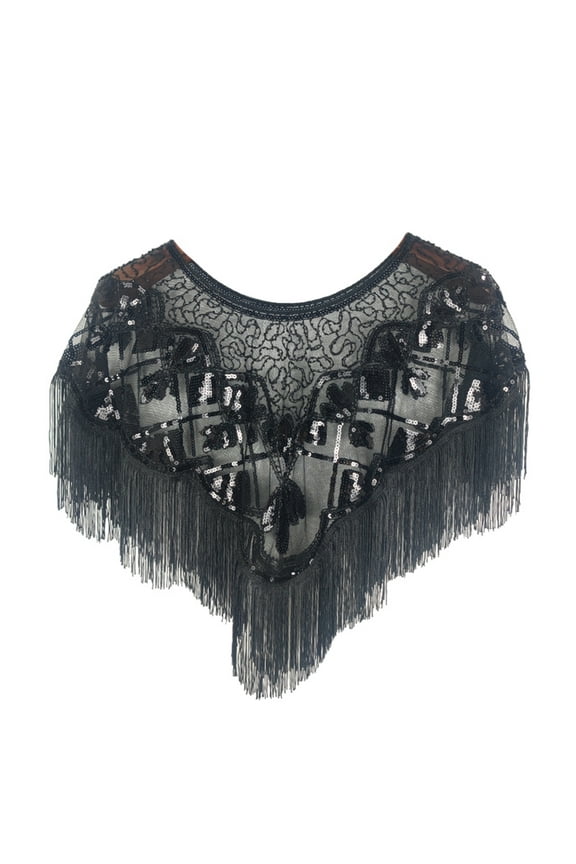 1920s Vintage Sequined Evening Cape – Elegant Bridal Shrug with Tassels, Round Neck & Sheer Sparkle – Roaring 22s Gatsby Party Shawl for Women