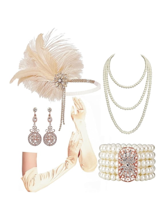 1920s Vintage Yellow Feather Fringe Headband Masquerade Party Style Accessories Set