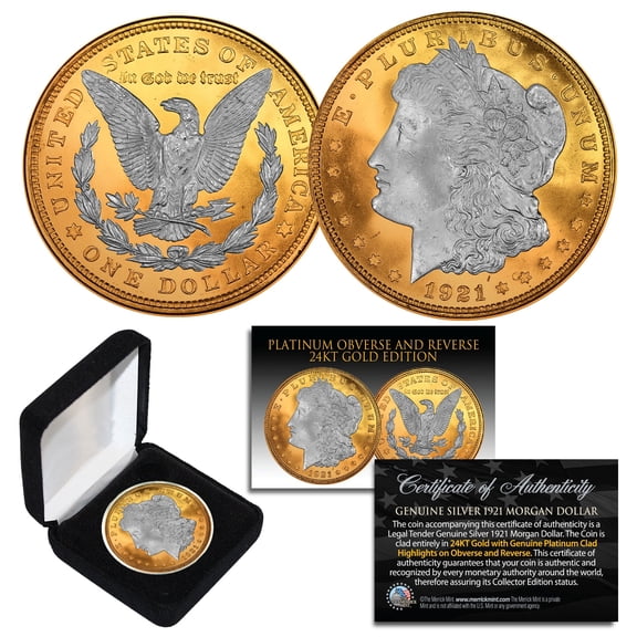 1921 Morgan Silver Dollar 24K Gold Layered with Platinum Highlights AU Coin with Box & COA