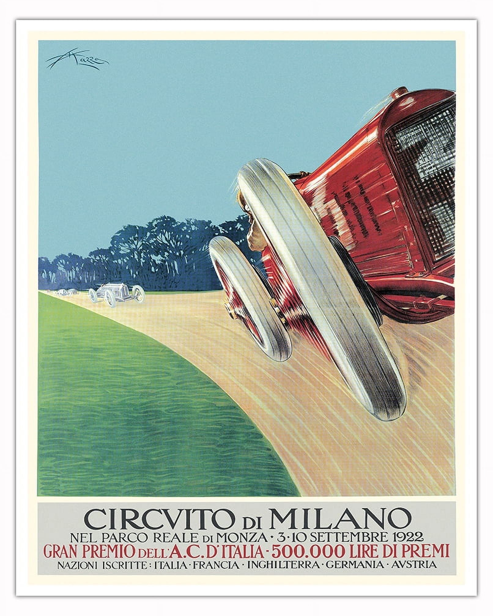 Italy Racing Posters 1922 Italian Grand Prix at Monza Race Track - Milan Italy - Vintage Car ...