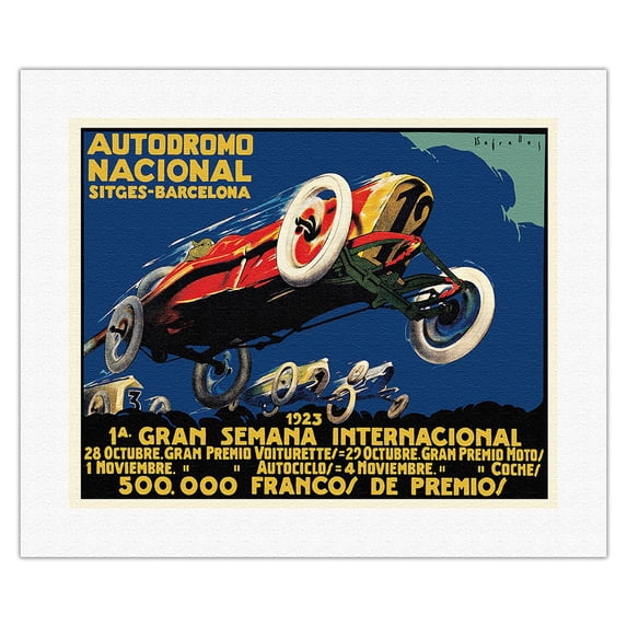 1923 Autodromo International - Barcelona Spain - Vintage Car Racing Poster by José Segrelles Albert - Fine Art Rolled Canvas Print 16in x 20in