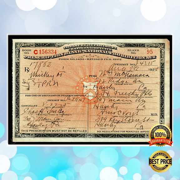 1924 Prescription for Whiskey During Prohibition poster 11 x 17 Inch Poster