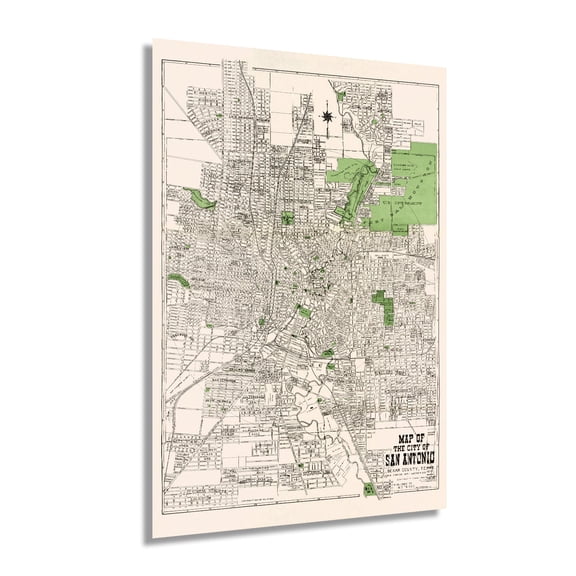 1924 San Antonio Map Poster - Vintage Map of San Antonio Bexar County Texas Wall Art - Old San Antonio Street Map Including Suburbs Both North South - TX Decor