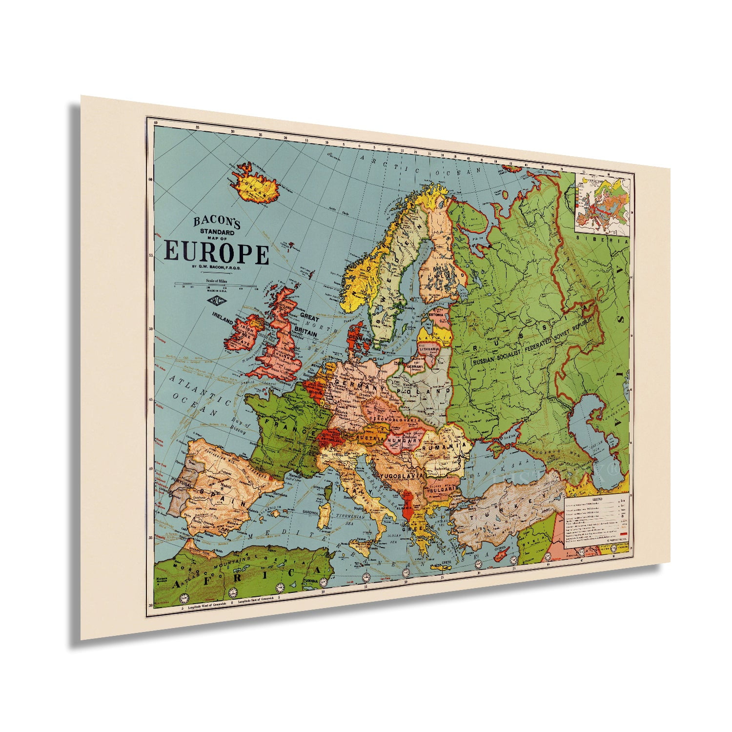 1925 Map of Europe - Vintage Map Europe Wall Art - Bacon's Standard Map ...