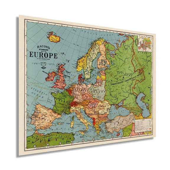 1925 Map of Europe Wall Art Poster - Bacon's Standard Europe Decor