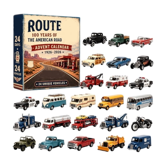 1926-2026 Route 66 Advent Calendar - 24 Unique Classic American Road Vehicles, 24-Day Christmas Countdown Blind Box, Alloy Toy Set for Kids & Car Collectors, Safe Collectible Gift, Vintage Home Decor