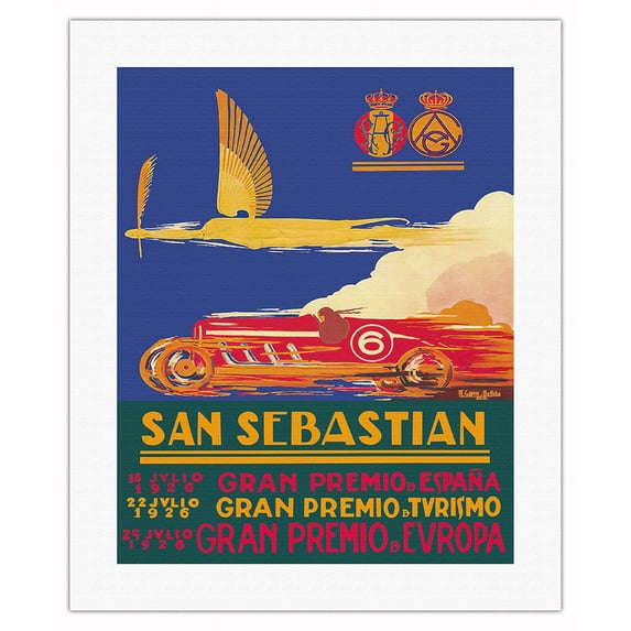 1926 San Sebastian Spanish Grand Prix (Gran Premio de San Sebastian) - Vintage Car Racing Poster by Antonio Garcia Bellido - Fine Art Rolled Canvas Print 16in x 20in
