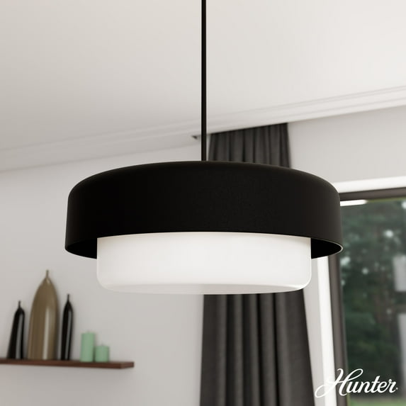 Hunter - Station 4-light Natural Black Iron, Large Pendant Light, Dimmable, Drum Shaped, for Bedrooms, Dining, Living Rooms - 19275