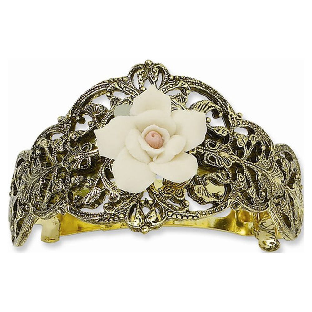 1928 Gold-tone Porcelain Rose Ponytail Holder; for Adults and Teens; for Women and Men