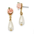 thumbnail image 1 of 1928 Gold-tone Porcelain Rose and Simulated Pearl Post Dangle Earrings Fashion Earrings, 1 of 1