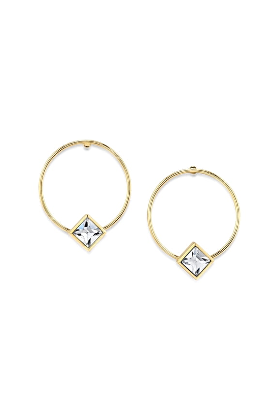 1928 Jewelry 14K Gold Dipped Diamond Shape Crystal Hoop Stainless Steel Post Earrings (Pink)
