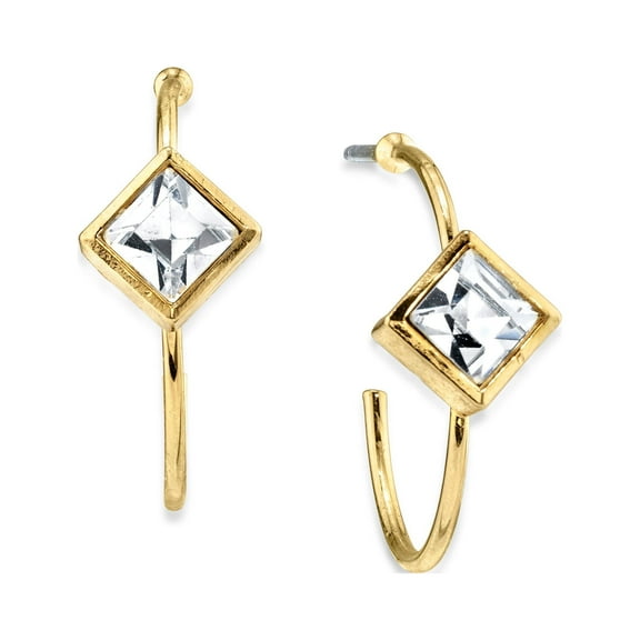 1928 Jewelry 14K Gold Dipped Diamond Shape Crystal Open Hoop Stainless Steel Post Earrings (Green)