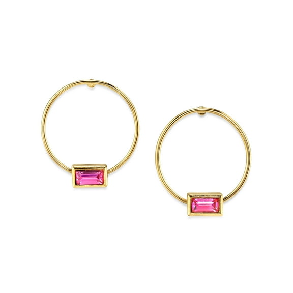 1928 Jewelry 14K Gold Dipped Rectangle Crystal Hoop Stainless Steel Post Earrings (Pink)