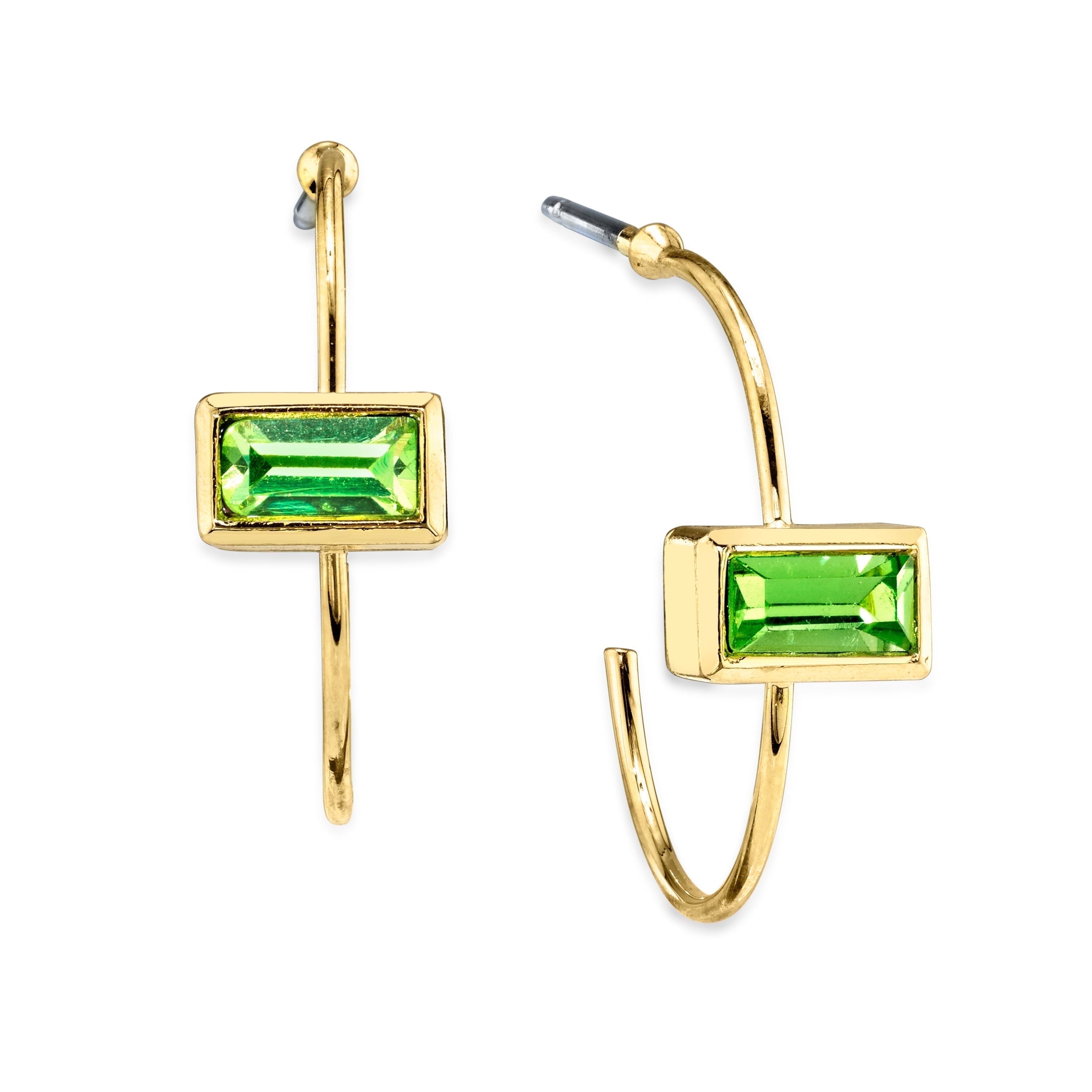 1928 Jewelry 14K Gold Dipped Rectangle Crystal Open Hoop Stainless Steel Post Earrings (Blue)