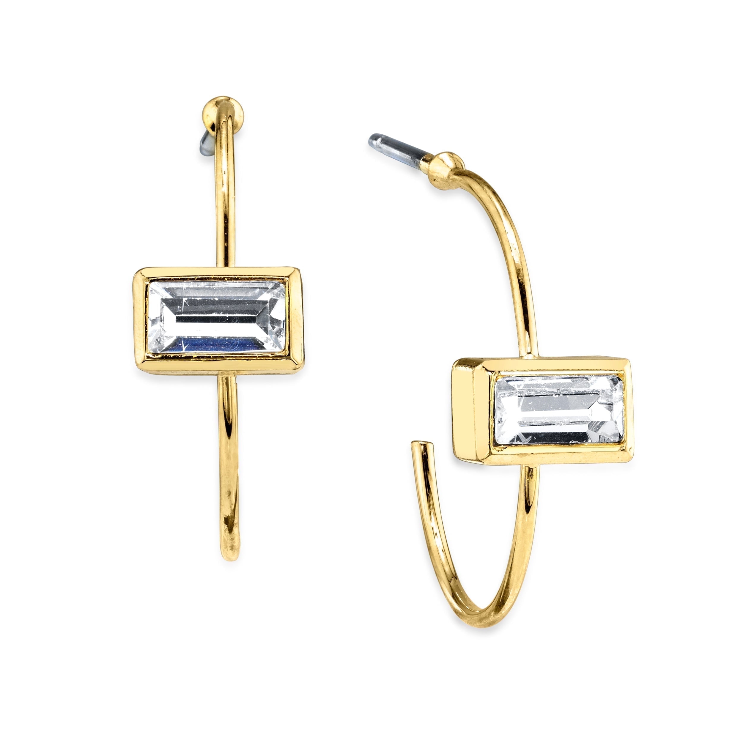 1928 Jewelry 14K Gold Dipped Rectangle Crystal Open Hoop Stainless Steel Post Earrings (Clear)