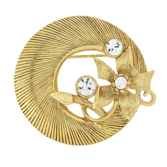 1928 Jewelry 14K Gold Dipped Solitary Flower Crystal Accent Round Wreath Pin