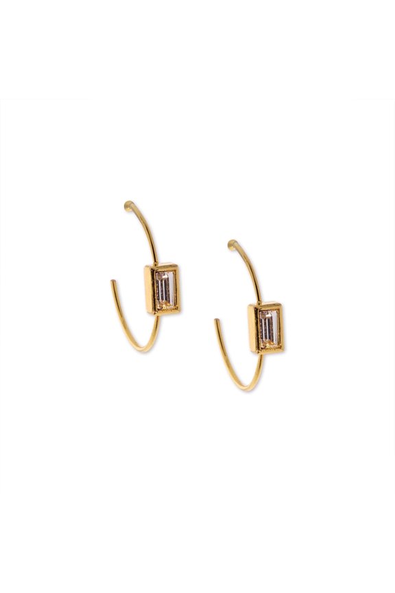 1928 Jewelry 14K Gold Dipped Square Crystal Open Hoop Stainless Steel Post Earrings (Clear)
