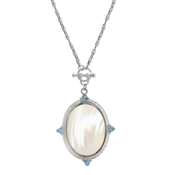 1928 Jewelry Acquamarina Mother Of Pearl Oval Pendant Toggle Necklace For Women 30 Inches