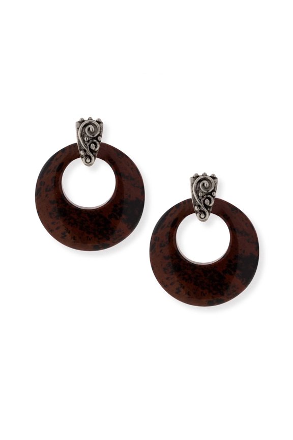 1928 Jewelry Ancienne Brown Obsidian Gemstone Hoop Earrings