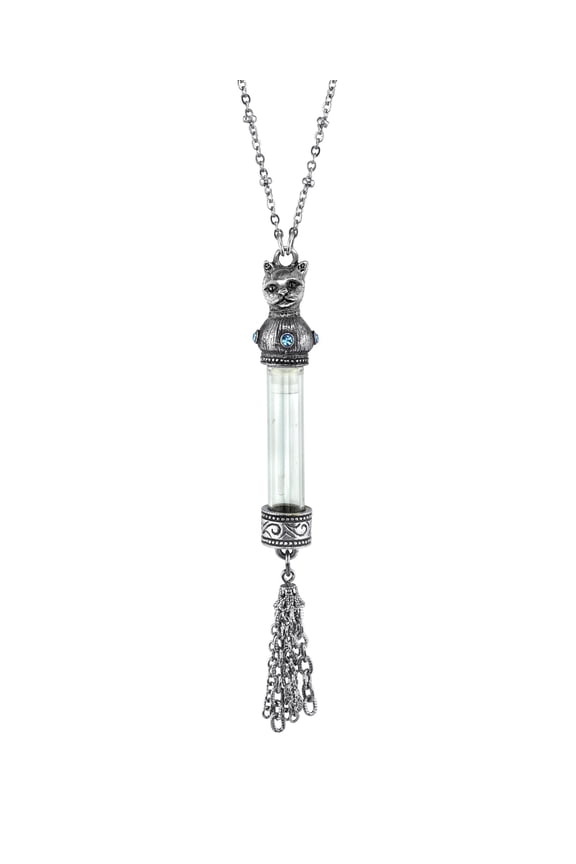 1928 Jewelry Antiqued Pewter Blue Crystal Cat Vial Tassel Pendant Necklace For Women 30 Inches