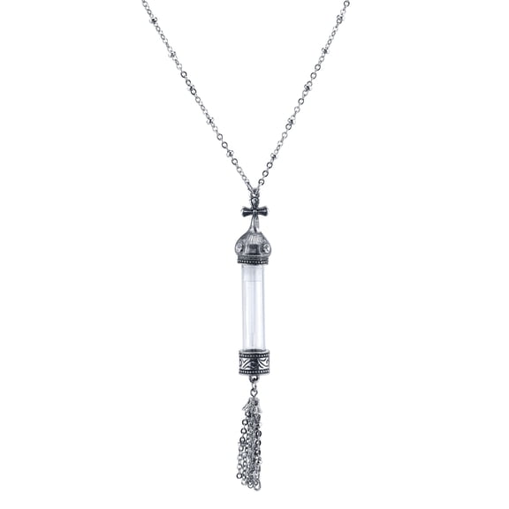 1928 Jewelry Antiqued Pewter Cross Cap Vial Tassel Necklace 30 Inches