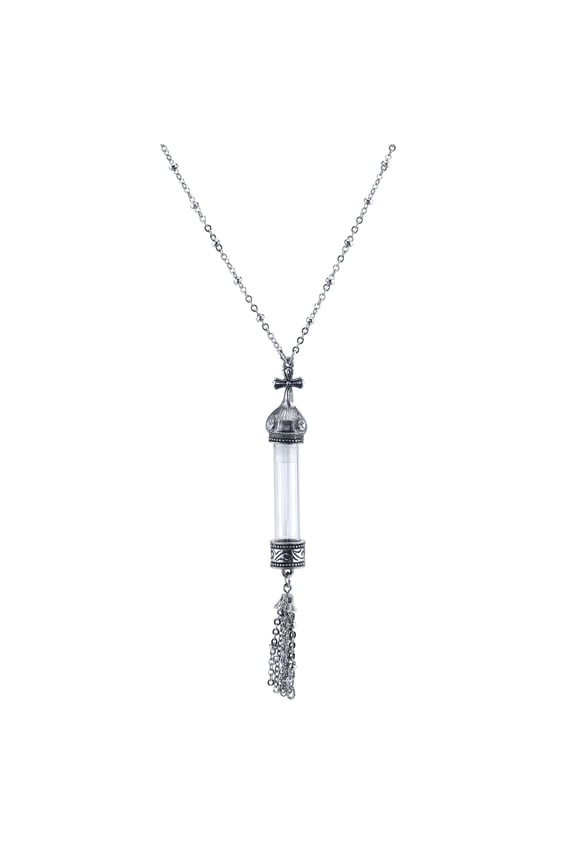 1928 Jewelry Antiqued Pewter Cross Cap Vial Tassel Necklace 30 Inches