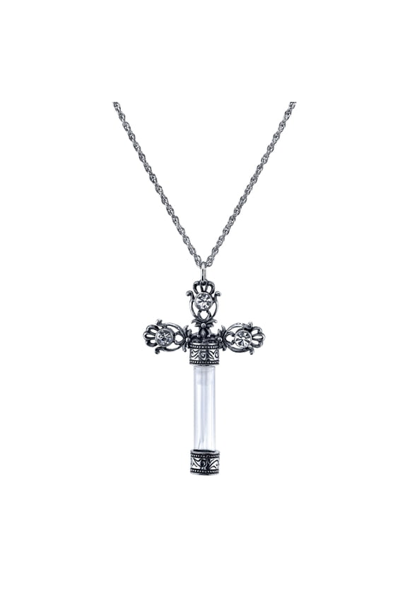 1928 Jewelry Antiqued Pewter Crystal Cross Vial Pendant Necklace For Women 30 Inches