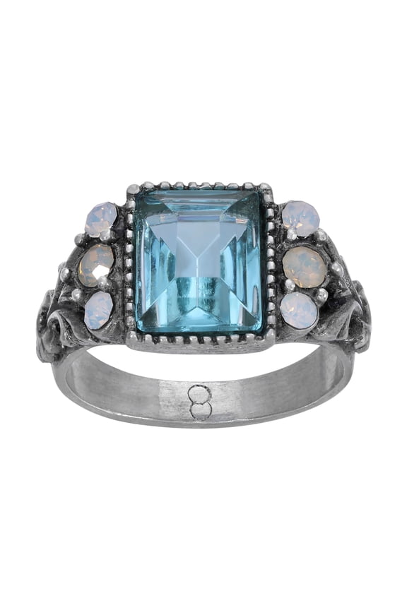 1928 Jewelry Aquamarine Crystal Rectangular Blue Crystal Opal Stone Ring Size 8