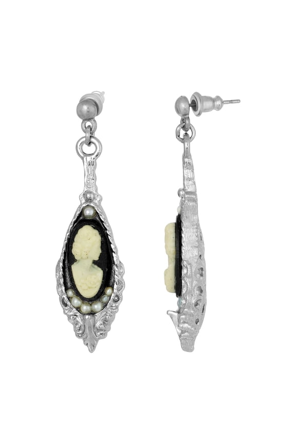 1928 Jewelry Art Deco Style Black and White Cameo Post Drop Earrings